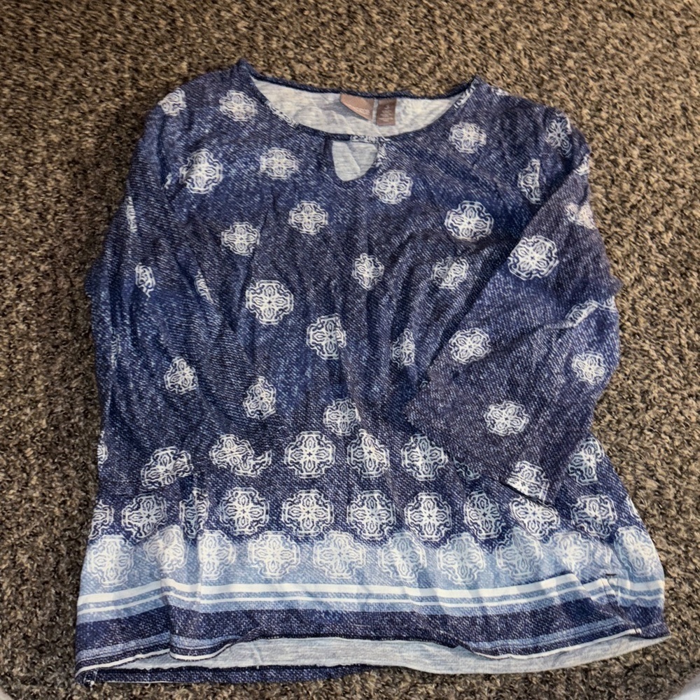 Chico's Blue and White Women's Floral Blouse size 3